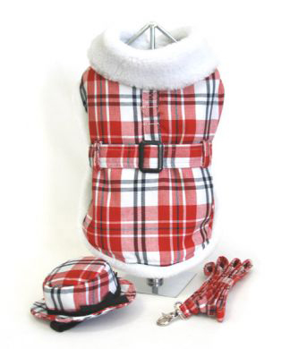 Doggie Design（ドギーデザイン）Red & White Fleece Lined Plaid Coat ピンク ホワイト フリース コート セット