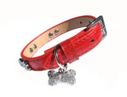 Doggie Design（ドギーデザイン）Red Leather Crystal Bone Collar レッド クリスタル ボーン カラー