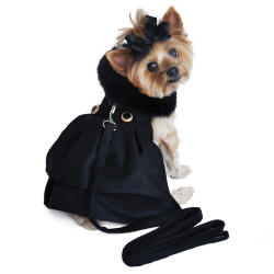 Doggie Design（ドギーデザイン）Black Wool and Black Fur Dog Harness Coat ブラック ウール ブラック ファー ハーネス コート
