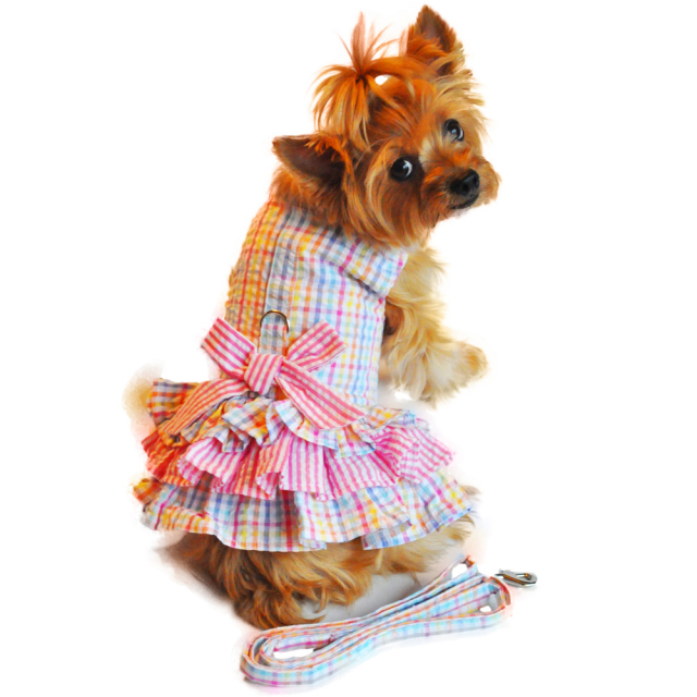 Doggie Design（ドギーデザイン）Pink Seersucker Ruffled Dog Dress ピンク シアサッカー フリル ドレス
