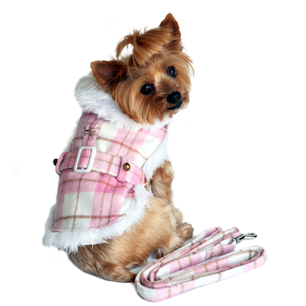 【送料無料】Doggie Design（ドギーデザイン）ドッグウェア Pink and White Plaid Dog Coat with Leash ピンク ホワイト プレイド コート