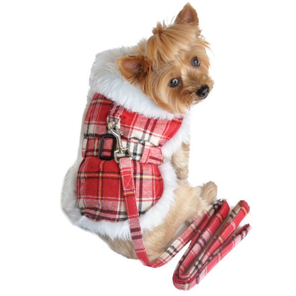 【送料無料】Doggie Design（ドギーデザイン）ドッグウェア Red Plaid Dog Coat with Leash レッド プレイド コート