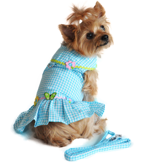 Doggie Design（ドギーデザイン）Turquoise Gingham Flower Designer Dog Dress ターコイズ ギンガム フラワー デザイナー ドレス